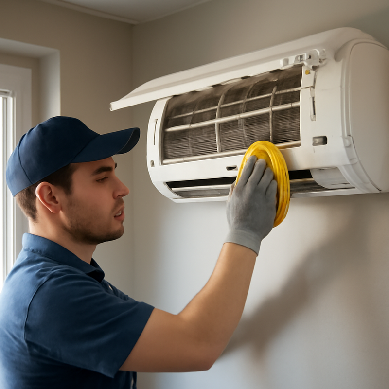 Técnico limpando ar-condicionado no Rio de Janeiro.
