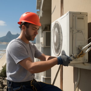 Profissional instalando ar-condicionado em apartamento em Copacabana, RJ