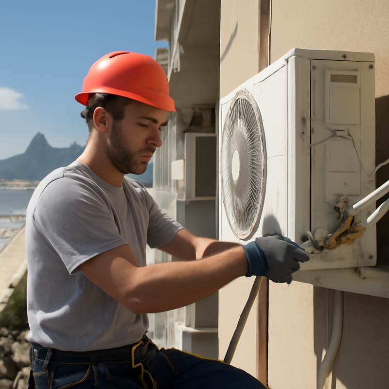 Profissional instalando ar-condicionado em apartamento em Copacabana, RJ