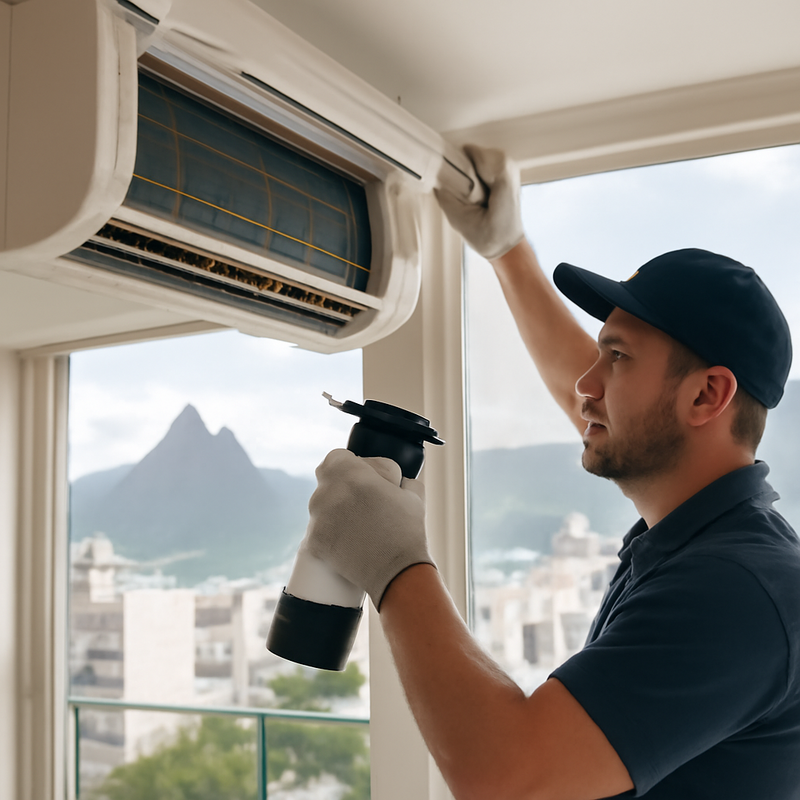 Técnico realizando limpeza de ar-condicionado em Ipanema, RJ
